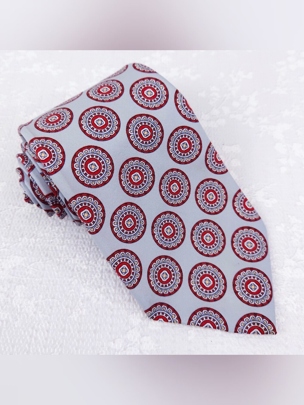 VTG Brooks Brothers Silk Tie Gray Red Geometric Medallion 56" x 3.75"